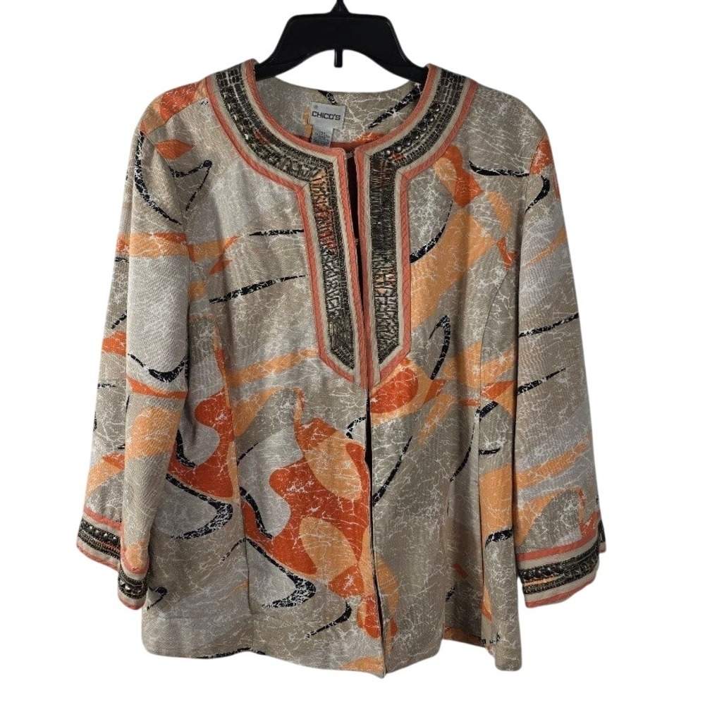 Chicos Embellished Open Front Jacket Womans M Blazer Abstract 3/4 Sleeve